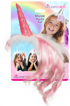 NoaPoa 3D Dreamy Dress-Up „Pink Dreamycorn“: Einhorn Haarteil mit Horn für Kinder, Größe: 51cm
