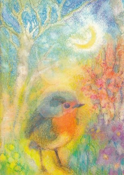 Angela Kočonda "Lauschendes Rotkehlchen" Postkarte, Größe: 10,5x15 cm