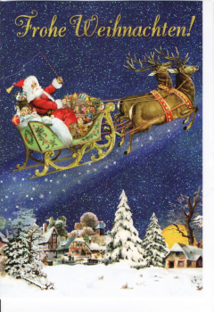 Edition Tausendschön „Frohe Weihnachten" Weihnachtsmann auf Schlitten, Doppelkarte 17x12cm
