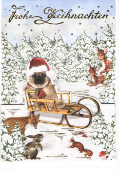 Edition Tausendschön „Frohe Weihnachten" Mops auf Schlitten, Doppelkarte 17x12cm
