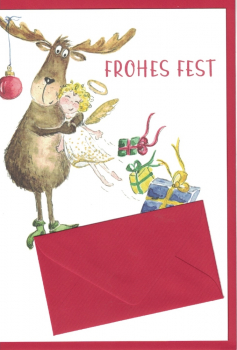 „Frohes Fest“: Elch umarmt Christkind, Doppelkarte Gr: 17x12cm