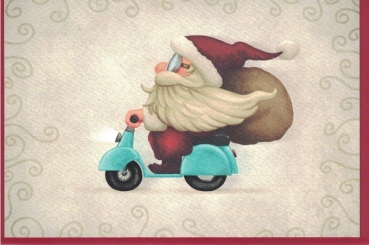 „Geschenke-Express“: Weihnachtsmann auf dem Roller, Doppelkarte Gr: 17x12cm