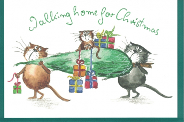 „Walking home for Christmas“: Katzen tragen Weihnachtsbaum, Doppelkarte Gr: 17x12cm