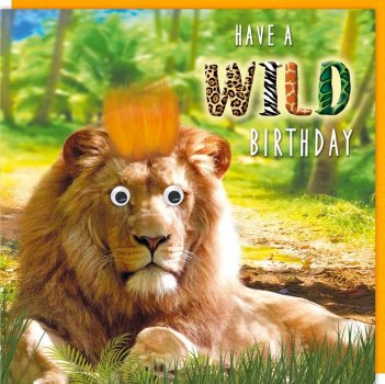 „We have a wild Birthday“: Löwe mit Flaum und Wackelaugen Doppelkarte mit Umschlag  Gr: 15,8x15,8cm