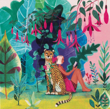 Mila Marquis  "Lesende Frau mit Gepard", Glitzer, Größe: 14x14cm