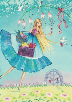 Kristiana Heinemann "Frau mit Geschenke und Herzen" Größe: 10,5x15 cm