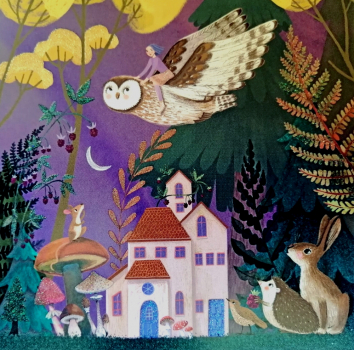 Mila Marquis  "Frau fliegt mit Eule" Postkarte, Glitzer, Größe: 14x14cm
