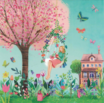 Mila Marquis  "Frau liest im Garten, in Korb-Schaukel, Glitzer, Größe: 14x14cm