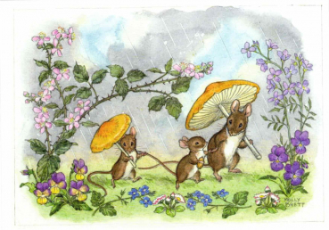 Molly Brett "Mäuse mit Pilz-Regenschirme" Postkarte, Größe: 10,5x15 cm