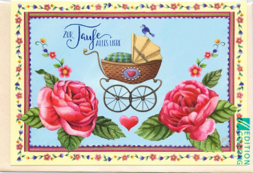 Nina Chen „Zur Taufe“ Babywagen mit Rosen, Doppelkarte, Format 17x12cm
