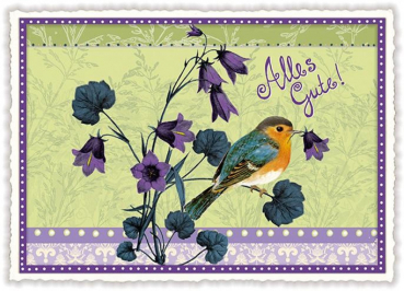 Edition Tausendschön "Alles Gute"- Vogel auf Blume PK185 Postkarte Größe: 10,5x15 cm