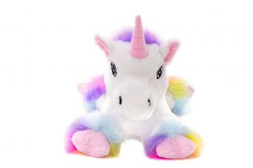 Habibi Plush Premium Einhorn „Rainbow“, liegend: Wärme-Plüsch, Größe: 31cm