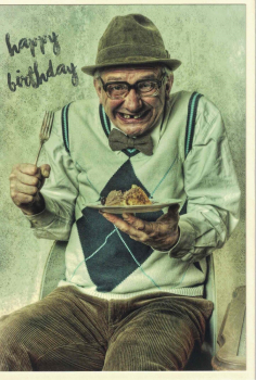 Doppelkarte Happy Birthday - Alter Mann mit Kuchen
