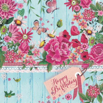 „Cartita Design“: Blumen-Postkarte, Schmetterlinge, Happy Birthday, Glitzer Größe: 14x14cm
