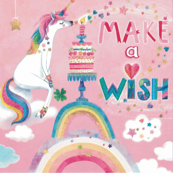 Mila Marquis "Einhorn mit Torte und Regenbogen -  MAKE a WISH",  Glitzer, Größe: 14x14cm