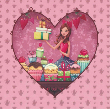Mila Marquis  "Frau mit Geschenken, Cupcakes und Herzen", Effektlack, Größe: 14x14cm