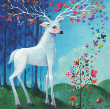 Mila Marquis  "Weißer Hirsch, Blätter, Schmetterlinge", Effektlack, Größe: 14x14cm