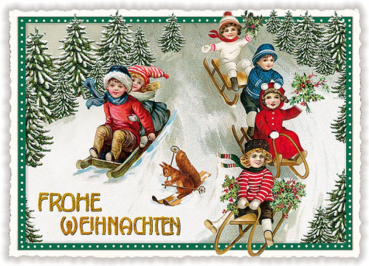 Edition Tausendschön "Frohe Weihnachten", Kinder auf Schlitten,  PK296 Größe: 10,5x15 cm