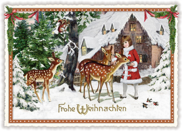 Edition Tausendschön "Frohe Weihnachten", Rehe mit Mädchen,  PK423 Größe: 10,5x15 cm