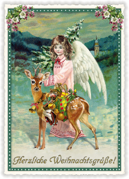 Edition Tausendschön  "Herzliche Weihnachtsgrüße", Engel mit Reh,  PK750 Größe: 10,5x15 cm