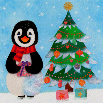 Sandra Brezina "Pinguin feiert Weihnachten" Postkarte, Größe: 14x14 cm