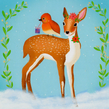 Sandra Brezina "Rotkehlchen auf Reh" Weihnachten Postkarte, Größe: 14x14 cm