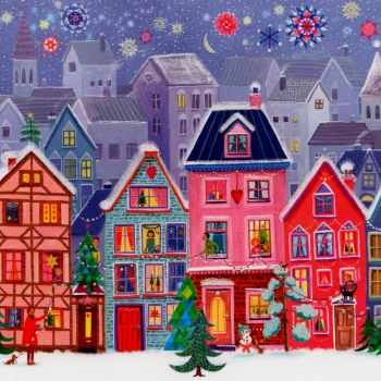 Mila Marquis "Weihnachtsdorf" Weihnachten Postkarte, Glitzer, Größe: 14x14cm