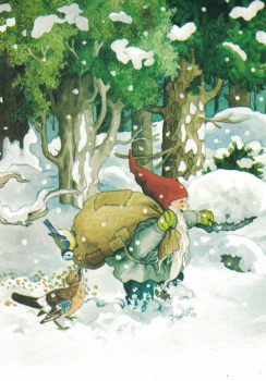 Inge Löök Nr. 225 "Zwerg mit Vogelfutter-Sack" Größe: 10,5x15 cm