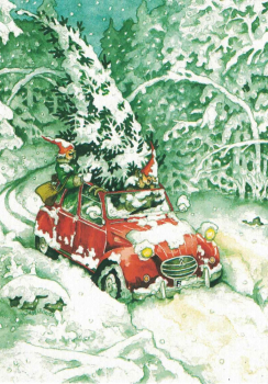 Inge Löök Nr. 25 "Frauen und Weihnachtsbaum im Auto" Größe: 10,5x15 cm