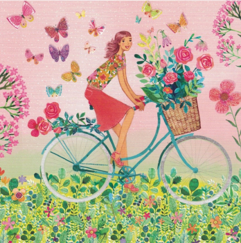 Mila Marquis "Frau auf Fahrrad", Blumen und Schmetterlinge, Glitzer, Größe: 14x14cm