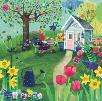 Mila Marquis  "Frau liest Buch im Garten", Effektlack, Größe: 14x14cm