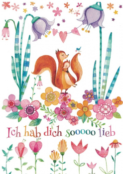 Mila Marquis  "Zwei Eichhörnchen mit Blumen",  Ich hab dich sooooo lieb, Glitzer, Größe: 10,5x15cm