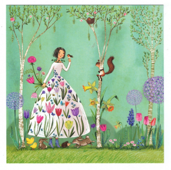 Mila Marquis  "Frau mit Frühlingsblüten" Postkarte, mit Glitzer, Größe: 14x14cm