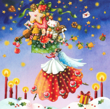Nina Chen*Postkarte*14x14*Engel*Wolke*Geschenke*Grußkarte*Glitzer*Weihnachten 
