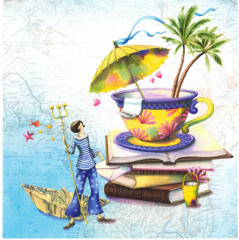 Nina Chen "Frau mit Tasse und Bücher" Postkarte UV-Lack, Größe: 14x14cm