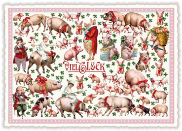 Edition Tausendschön "Viel Glück", Schweine und Kleeblätter, Postkarte PK210 Größe: 10,5x15 cm