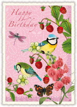 Edition Tausendschön "Happy Birthday-Vögel-Erdbeeren" PK480 Größe: 10,5x15 cm