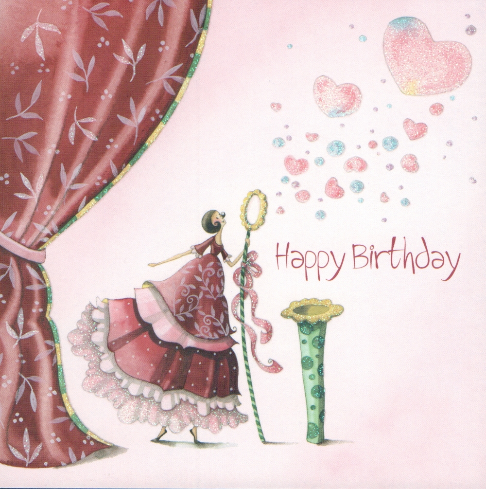 Nina Chen*Postkarte*14x14*Happy Birthday Frau malt Schriftzug*Cupcake Grußkarte