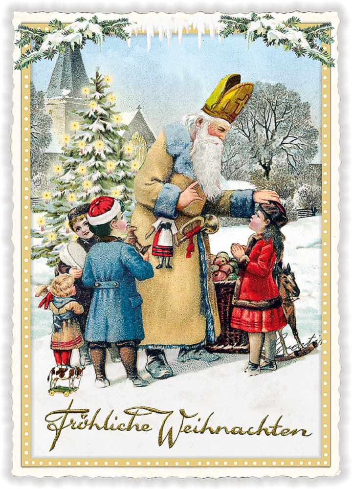 RTF Nr 3034 Weihnachtsmann mit Kind und Geschenken gepägte Postkarte V süß 