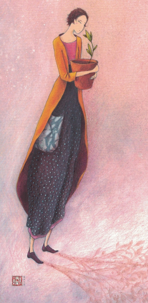 Postkarte Frau mit Blumentopf