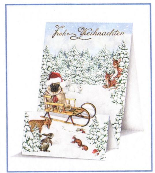 Edition Tausendschön „Frohe Weihnachten" Mops auf Schlitten, Doppelkarte 17x12cm