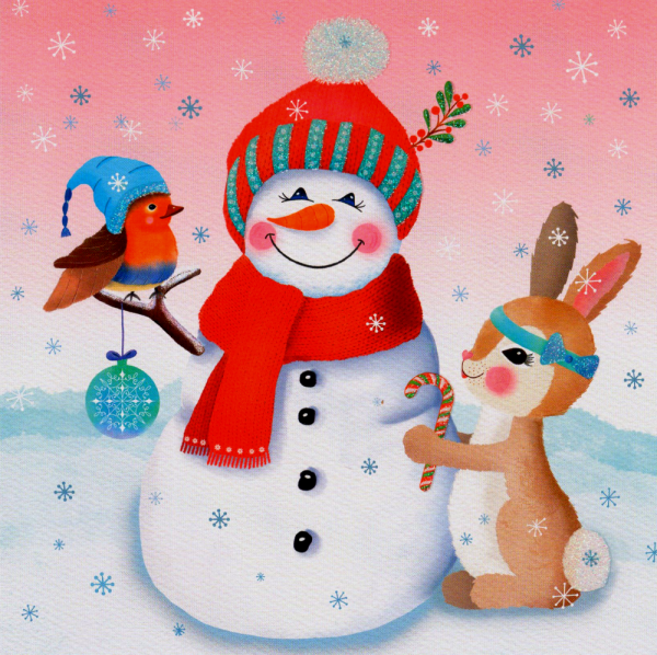 Sandra Brezina "Schneemann mit Tieren" Weihnachten Postkarte, Größe: 14x14 cm