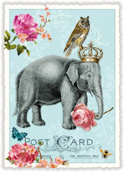 PK699 Elefant mit Krone und Eule Tausendschön Postkarte